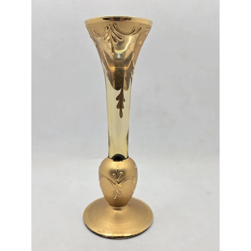 Czech Bohemian Gold Hand Painted Floral Glass Bud Vase 6